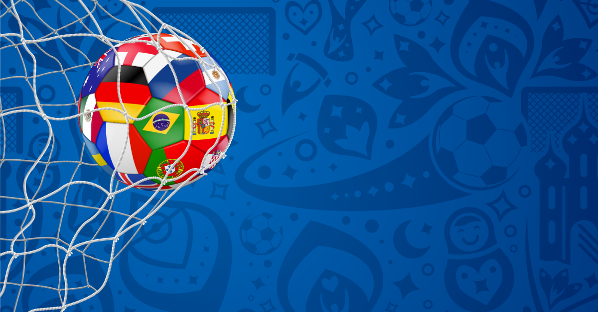 Football with flags of the world in net with blue background