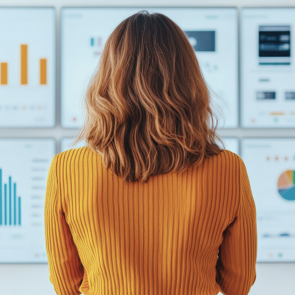 600x600 - A woman with curly hair observes multiple data analysis screens showcasing various graphs and charts