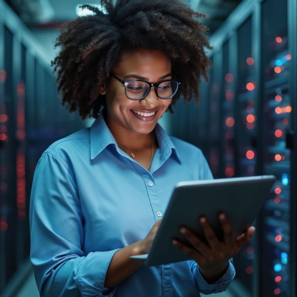 Joyful African American IT engineer uses tablet in server room. Modern data center, information storage, digital network, connection. Wireless mobile tech, electronic science and global business