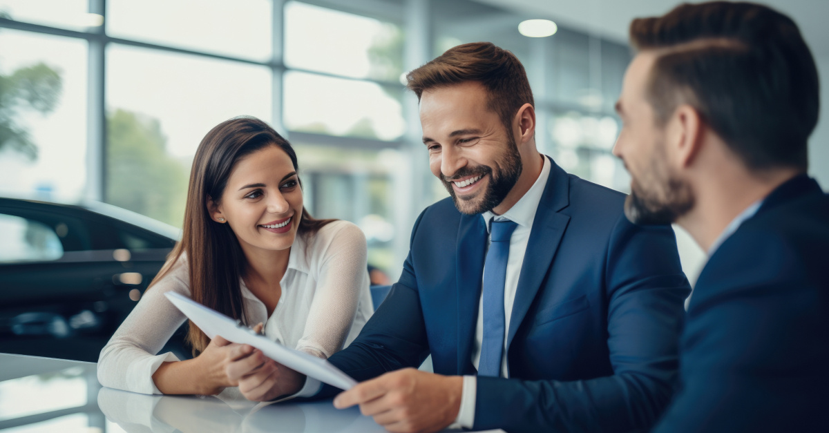 colleagues at car dealership evaluating BI report