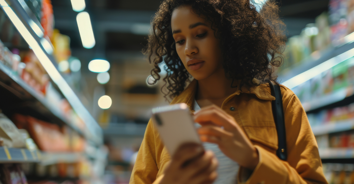 Customer using smartphone to check promotions while shopping in convenience store