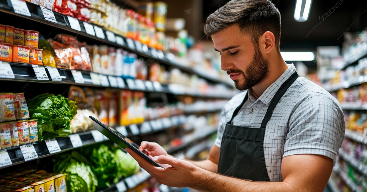man looking at data on tablet in store