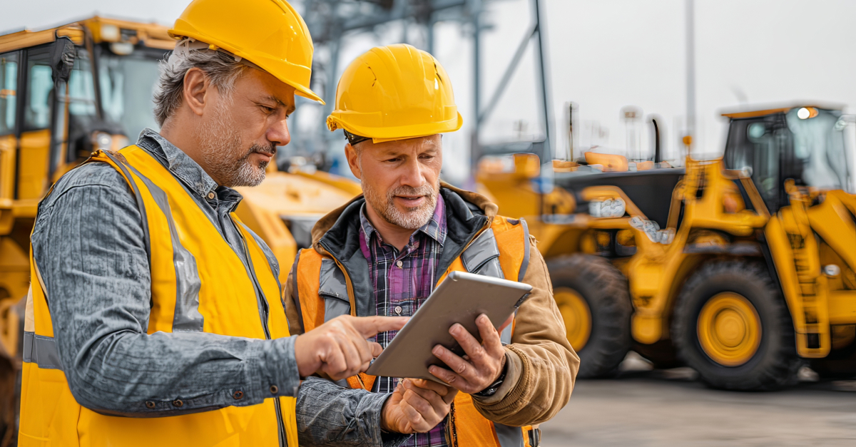 Two construction workers wearing yellow safety vests and helmets discussing data on a tablet, with construction machinery in the background.