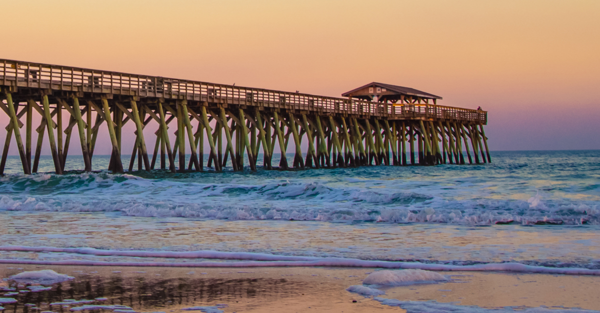 Myrtle Beach State Park beach view pier at sunset