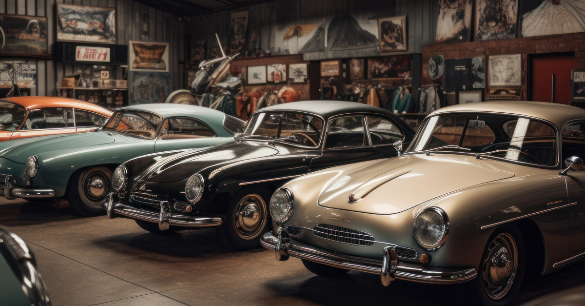 vintage car shop with classic cars