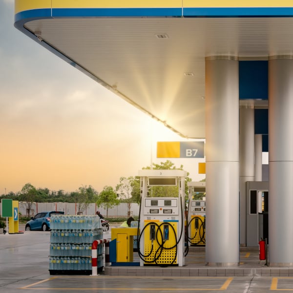 Gas Station and Car Service at Sunset, Business Entrepreneur Fuel Energy. Vehicle Gasoline Stations for Motor Convenience Beside Highway Road. Industry Petrol Power and Auto Services-1