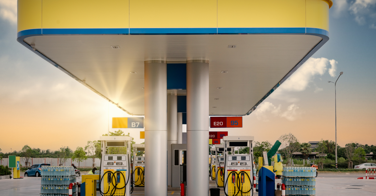Gas Station and Car Service at Sunset, Business Entrepreneur Fuel Energy. Vehicle Gasoline Stations for Motor Convenience Beside Highway Road. Industry Petrol Power and Auto Services
