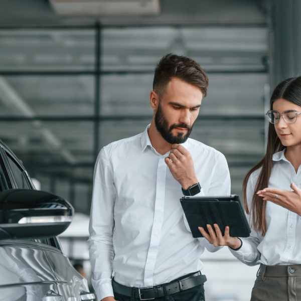 Two people looking at tablet in car dealership
